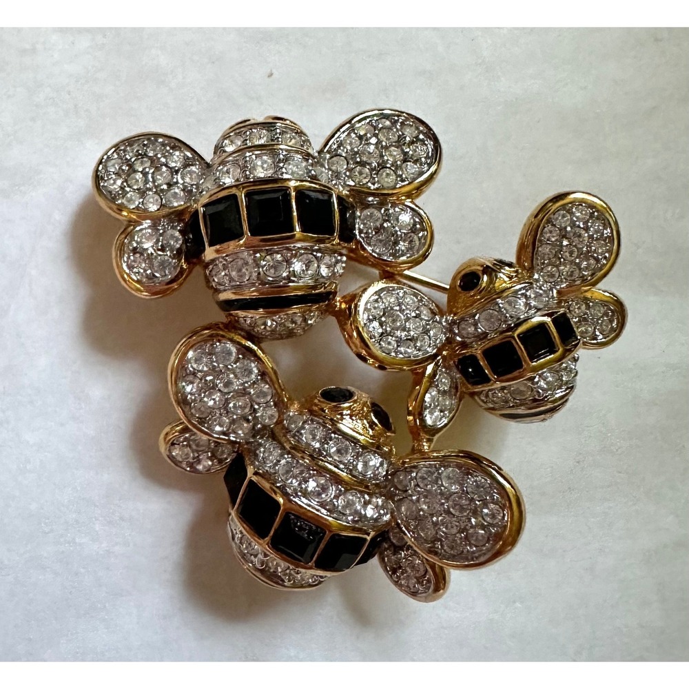 Swarovski Triple BumbleBee Pin Gold Tone Black & Clear Crystal